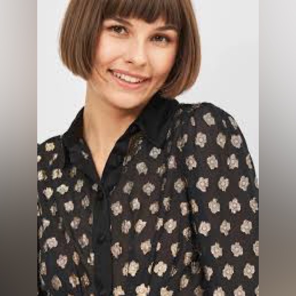 Gold metallic floral pattern thread button down black shirt dress never worn - Picture 4 of 9